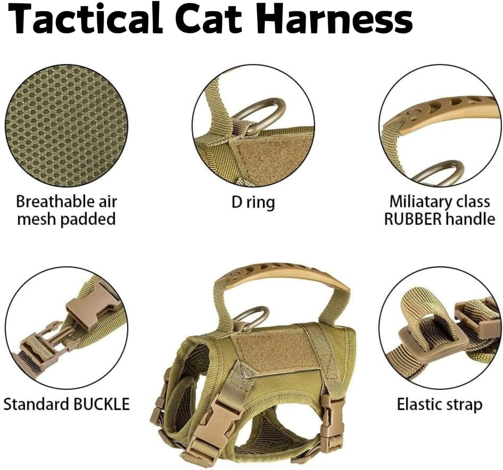 Tactical Cat Harness and Leash Set for Walking Escape Proof Adjustable Large Cat Vest Harness with Patches Soft Mesh Pad