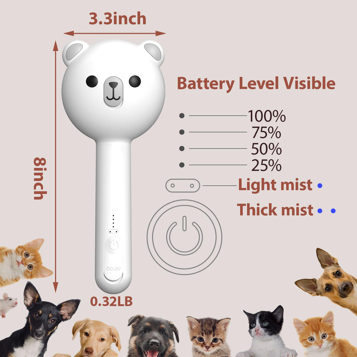 Cat Steam Brush with 2 Spray Levels & Release Button 4-in-1 Cat Water Brush