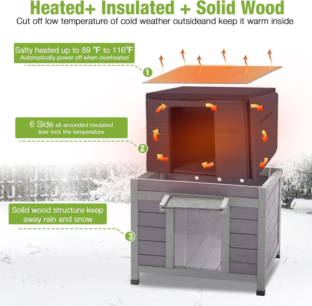 Heated Outdoor Insulated Dog House with Heating Pad and 6-Sided Insulation for Small Dogs and Feral Cats, Keeps Pets Coz