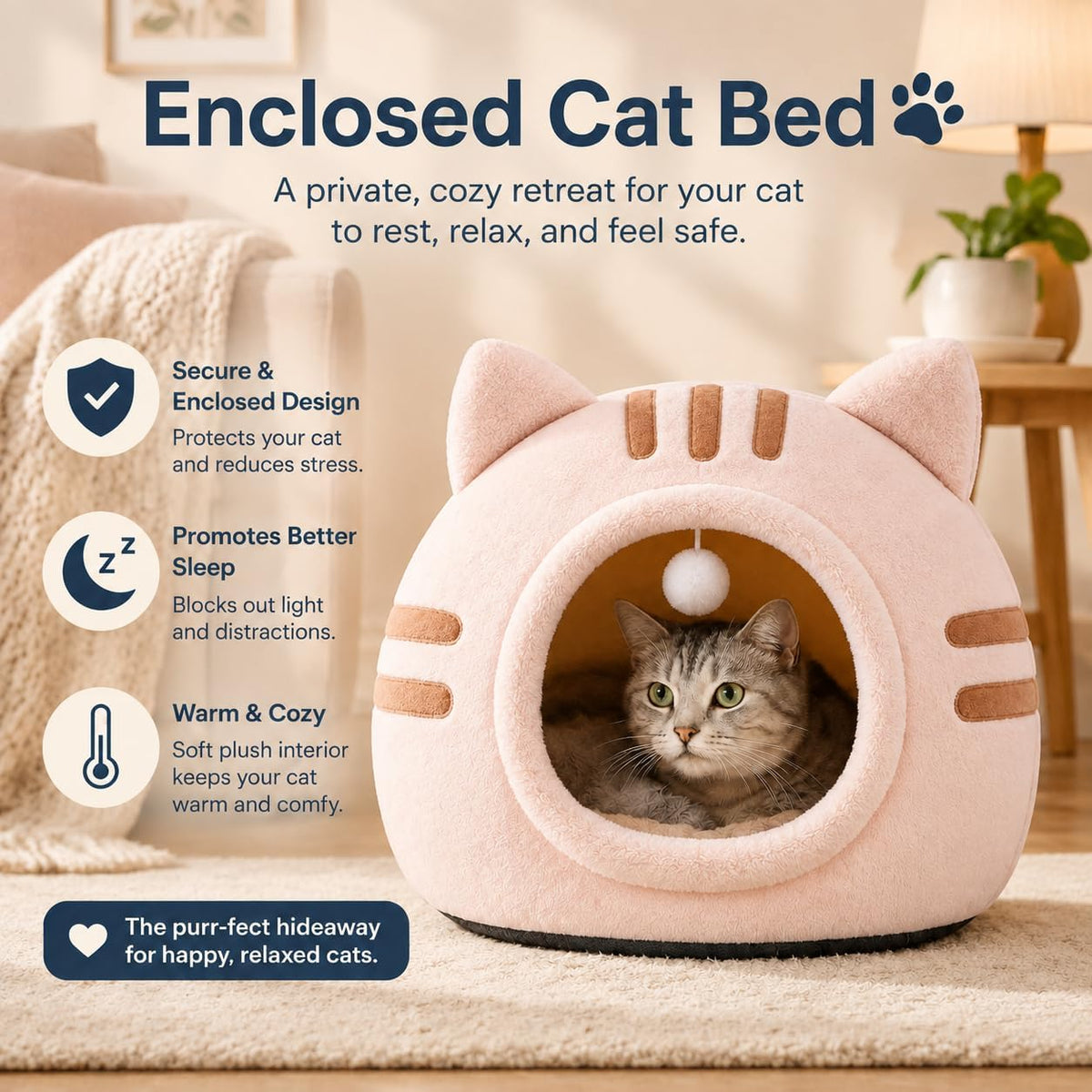 Cat Bed Cave Enclosed Cat Beds for Indoor Cats, Washable Covered Hideaway (Light Pink, L)