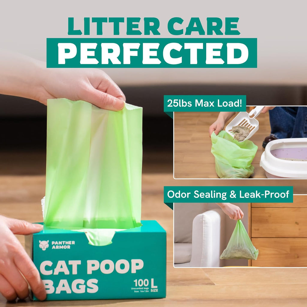 Panther Armor Cat Litter Bags for Poop, 100 Compostable Cat Poop Bags