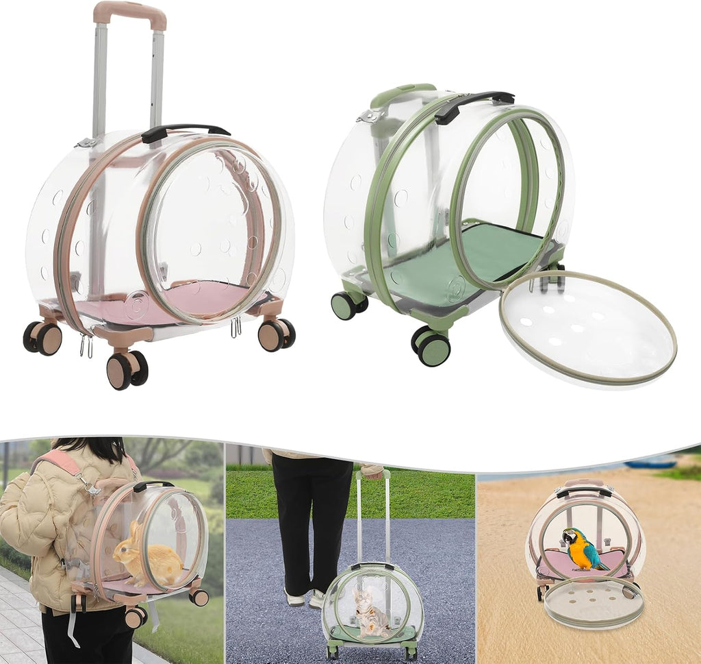 Rolling Cat Carrier Transparent Hard Shell Pet Travel Bag with Wheel(Greem)