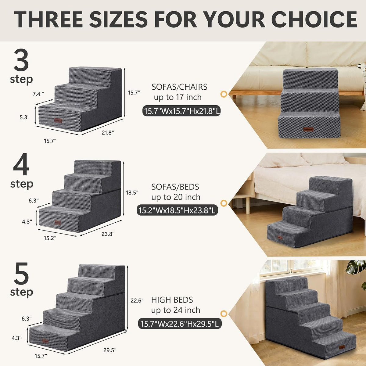Dog Steps for High Bed, 5-Step Pet Stairs for Small Dogs and Cats