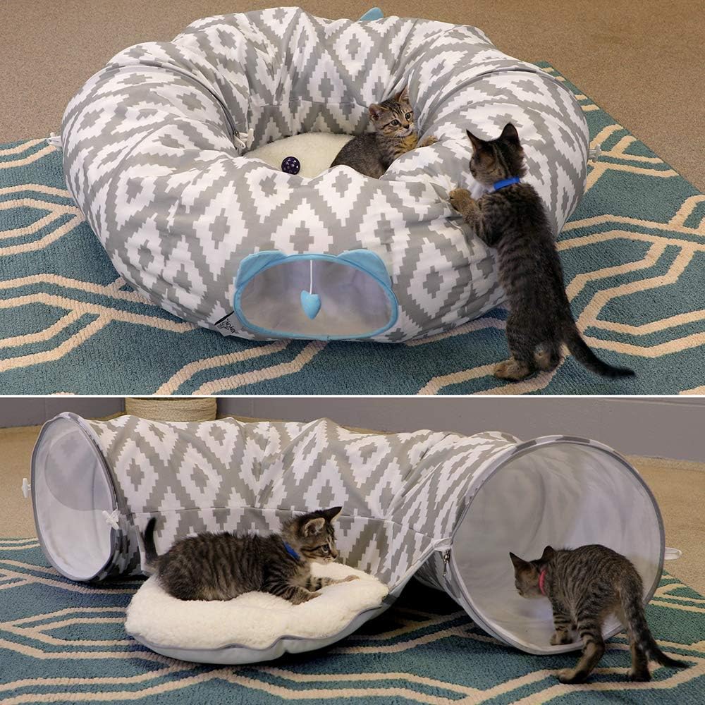 Kitty City Large Cat Tunnel Bed, 2-in-1 Zip-Together Cat Play Tunnel & Plush Nap Bed, Pop-Up Indoor Cat Toy with Hanging