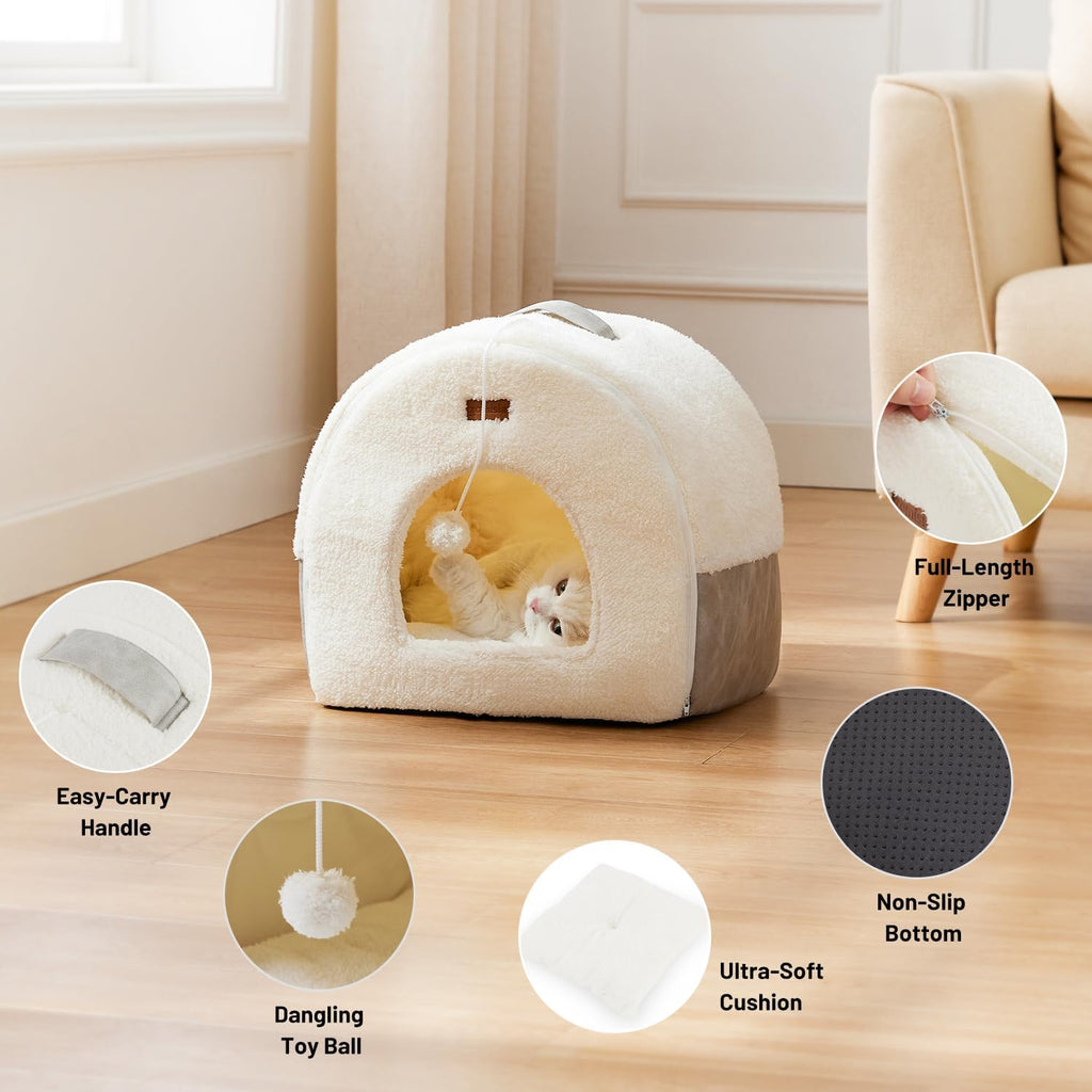 2in1 Cat Bed Cave for Indoor Cats Enclosed Bed with Washable Pillow