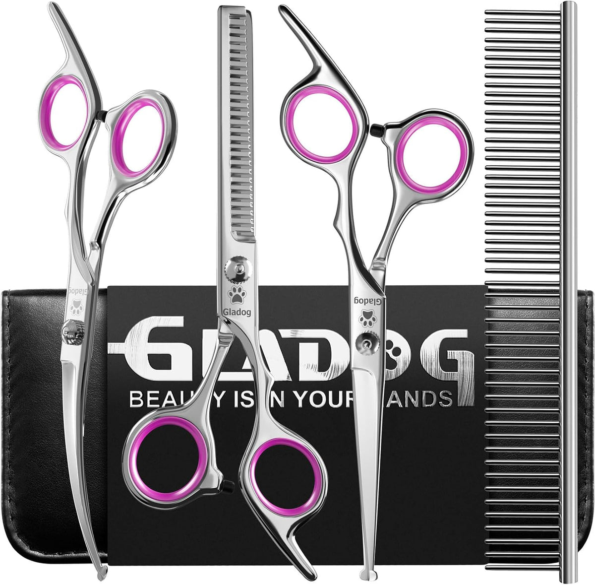 Professional 5 in 1 Dog Grooming Scissors Set with Safety Round Tips, Sharp and Heavy-duty Pet Grooming Shears for Cats
