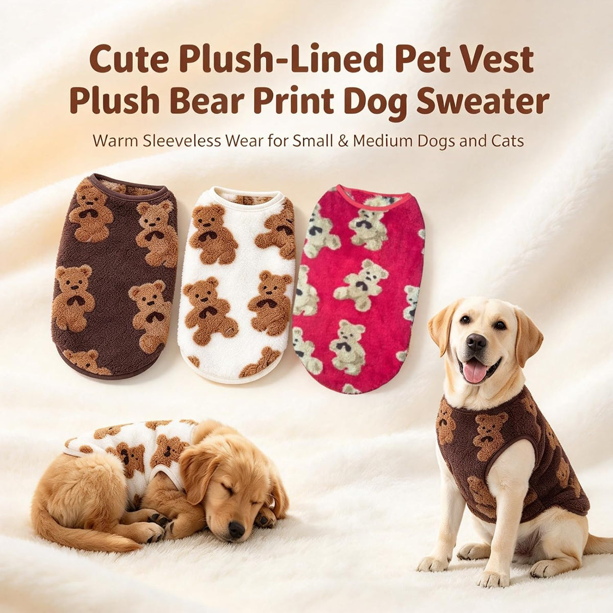Cute Plush-Lined Pet Vest, Plush Bear Print Dog Vest (White,L)