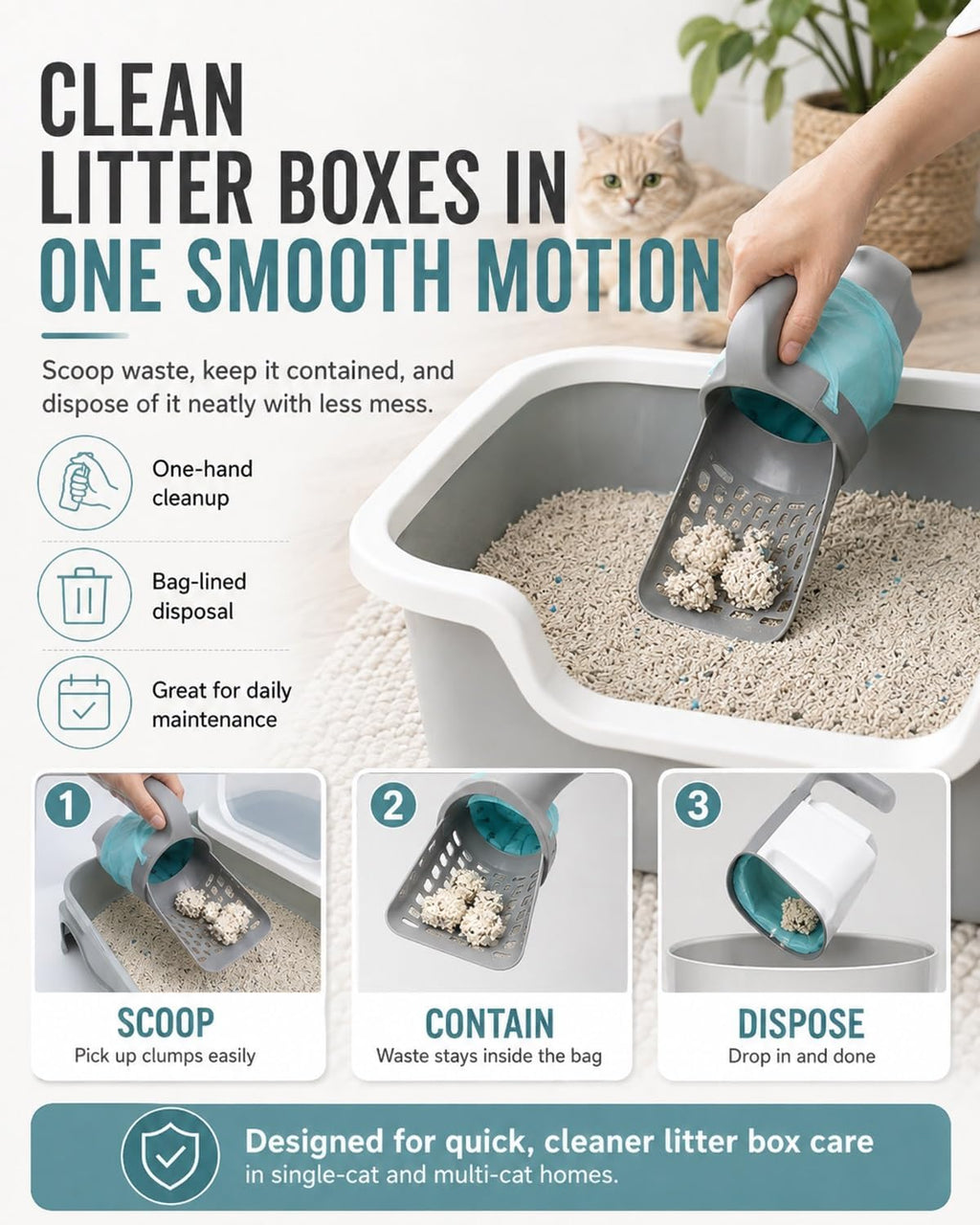 3 in 1 Cleaning Shovel for Cat Litter Kitty Scoop with Holder Bag Attached