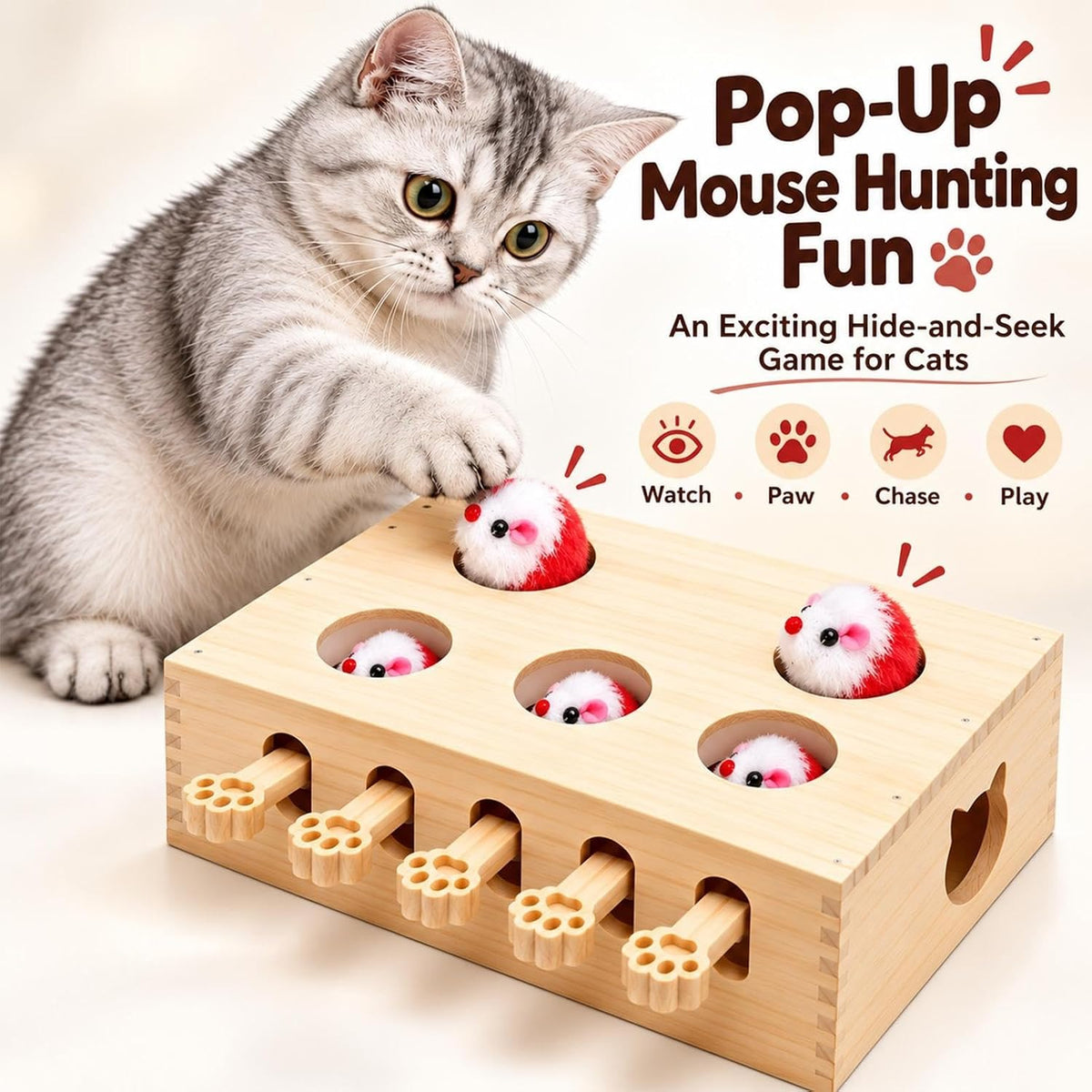 Wooden Whack a Mole Cat Toy Interactive Pop Up Mouse Hunting Game