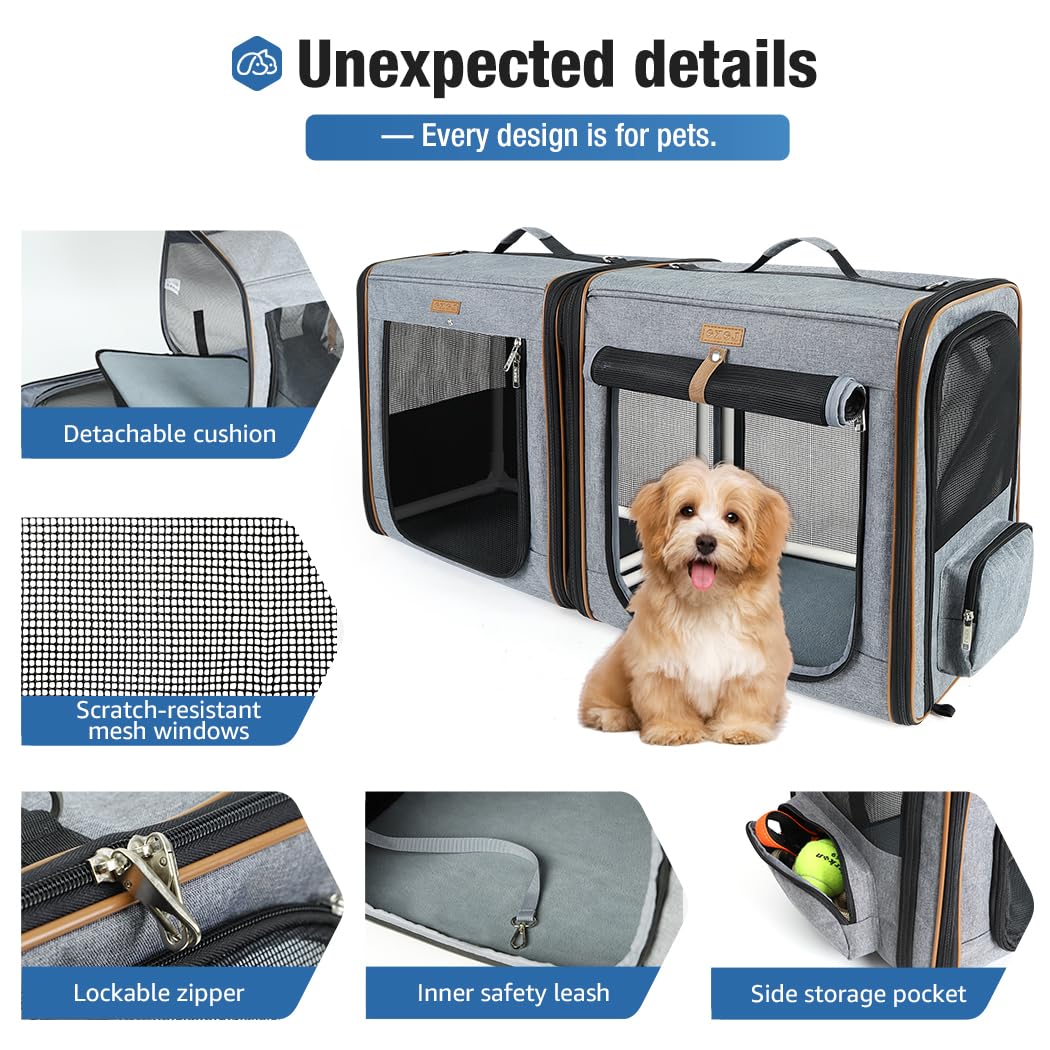Lekereise Soft-Sided Large Cat Carrier for 2 Cats with Litter Box, 2-in-1 Double Travel Carrier for Moving & Long Road Trips, Zipper Locks Escape Proof, (17.7" x2) x16.5"x13" - Grey