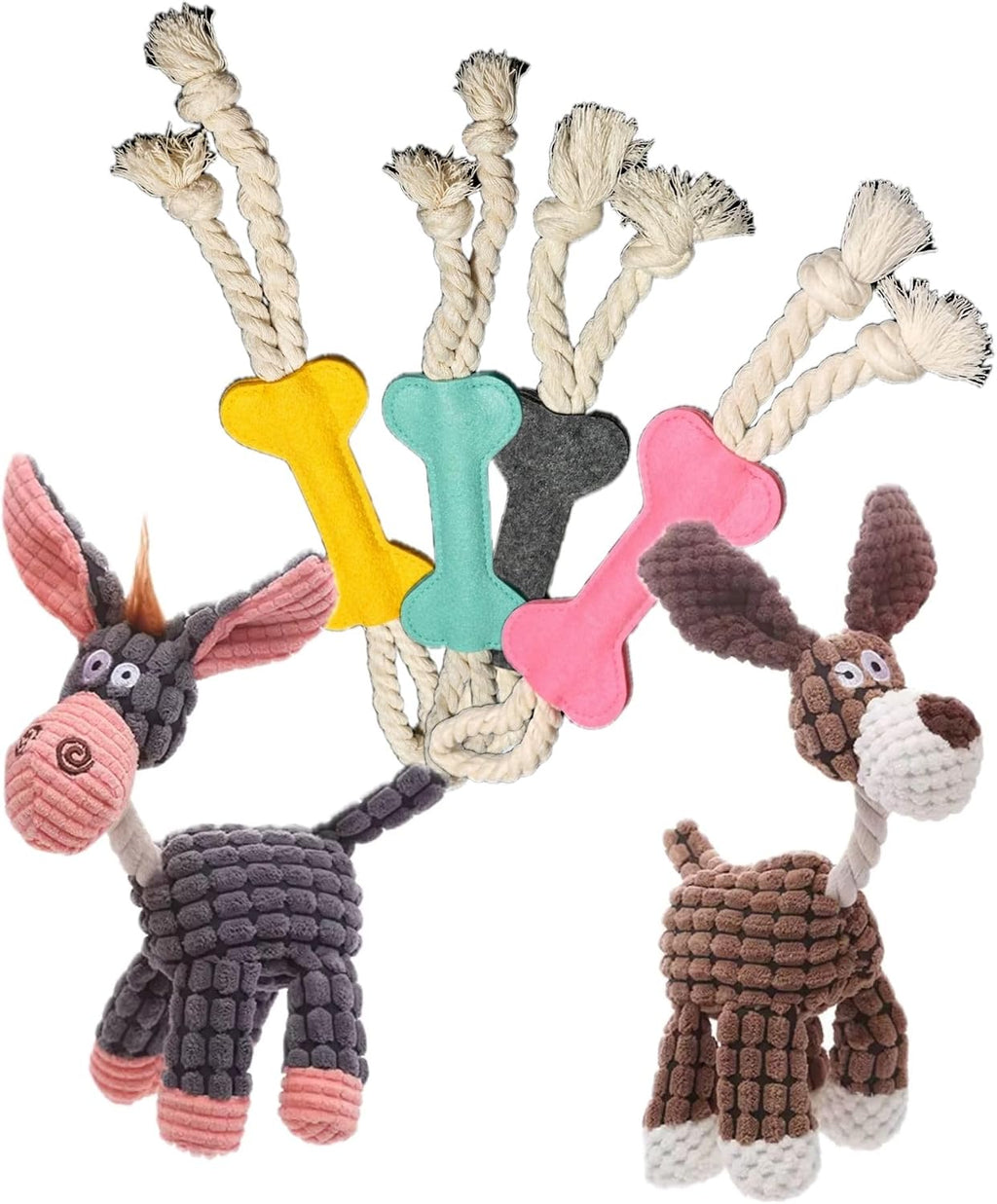 6-Piece Dog Toys Set, 4 Bone-Shaped Rope & Cloth Toys, 2 Donkey-Style Toys, Interactive Chew & Tug Toys for Puppies and 