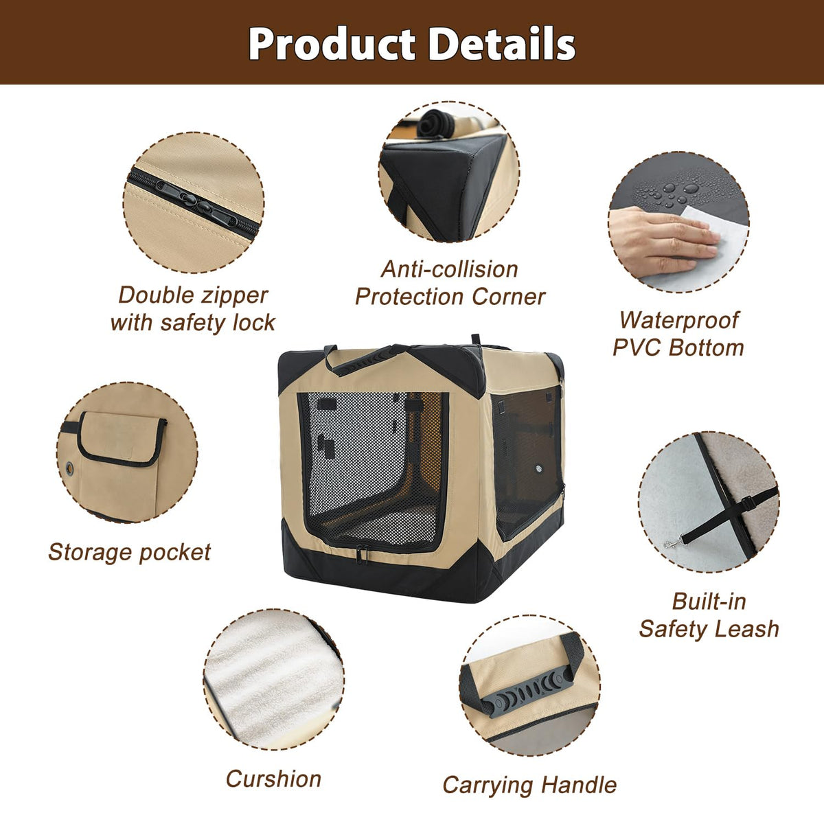 Garnpet 36 Inch Collapsible Soft Dog Crate for Large Dogs, 4-Door Foldable Travel Dog Kennel with Durable Mesh Windows for Indoor & Outdoor Portable Pet Crate, Soft Side Dog Crate, Beige