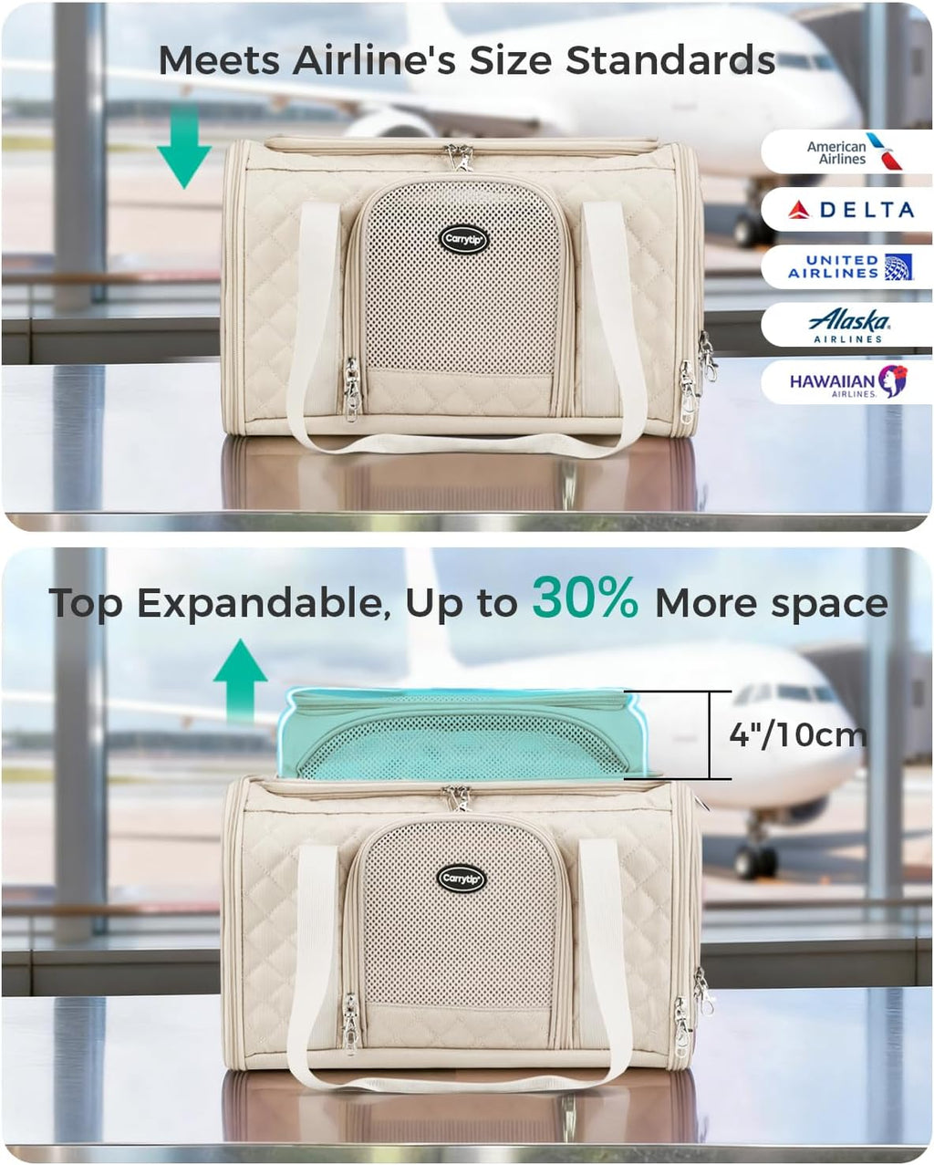 Airline Approved Cat Carrier with Expandable Top, 17x11x9.5in, Ivory White‌