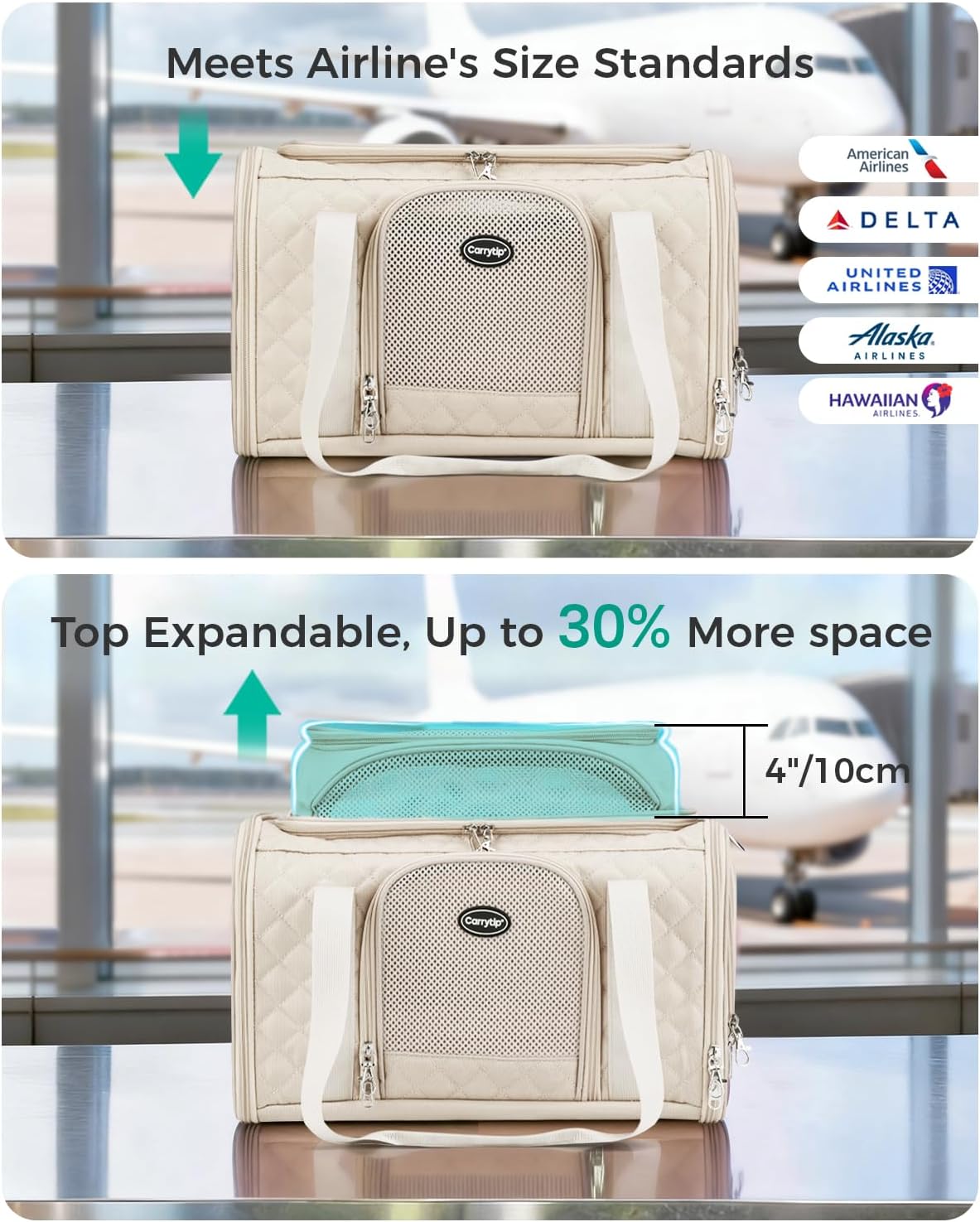 Airline Approved Cat Carrier with Expandable Top, 17x11x9.5in, Ivory White‌
