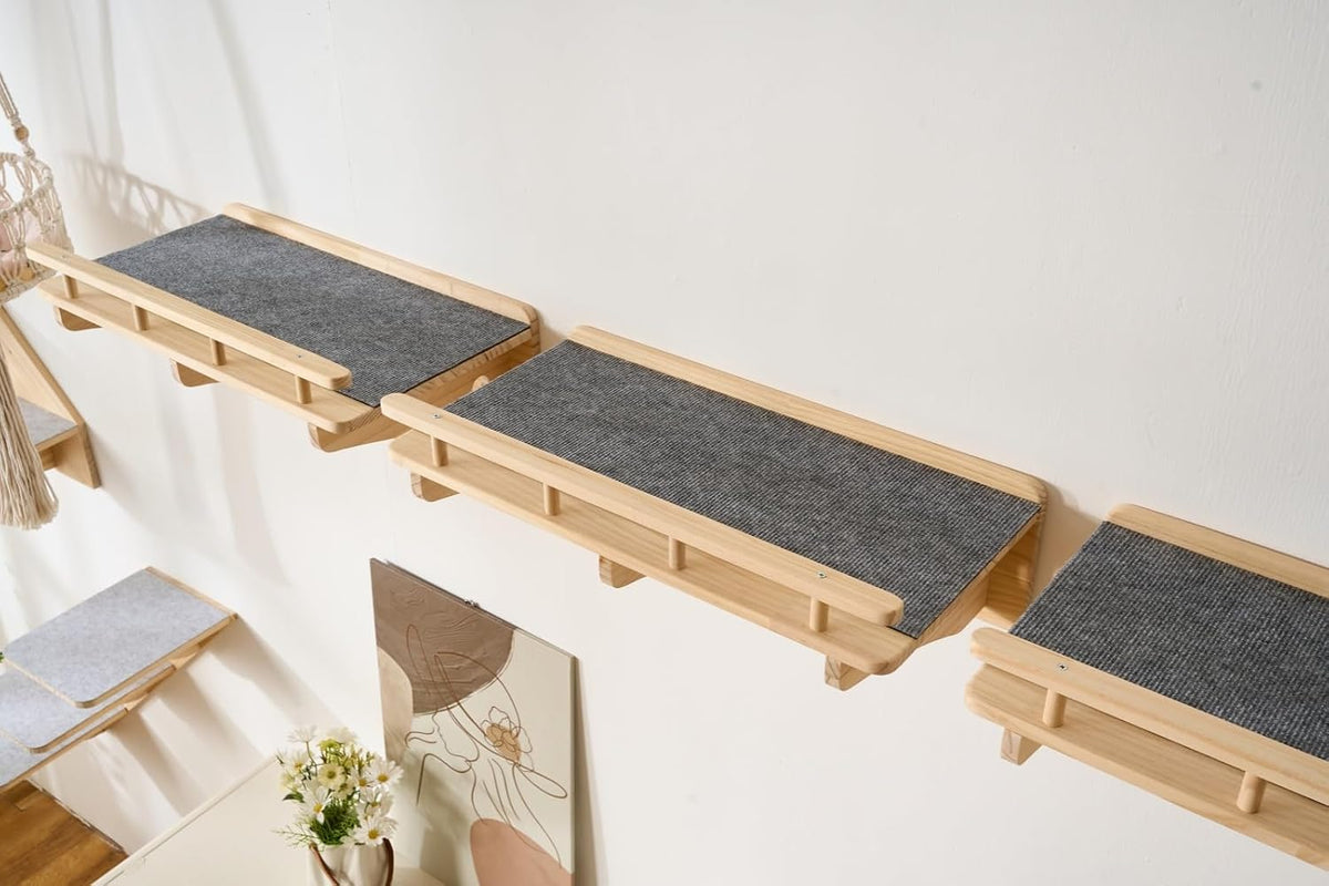3-Pack Wall Mounted Cat Running Shelves, Parkour Course, Natural Wood