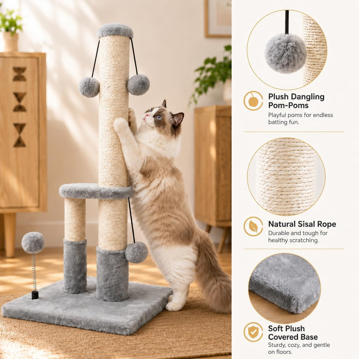 Dimaka Tall Cat Scratching Post, Double Lower Posts Extra Stable Cat Post Tree Scratcher with Sisal Rope and Teasing 4 B