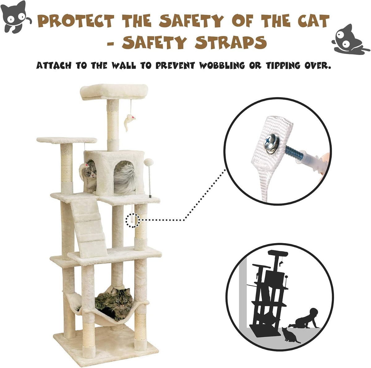 63.8 inches Multi-Level Cat Tree for Large Cats with Sisal-Covered Scratching Posts, Padded Platform, Hammock and Condo,