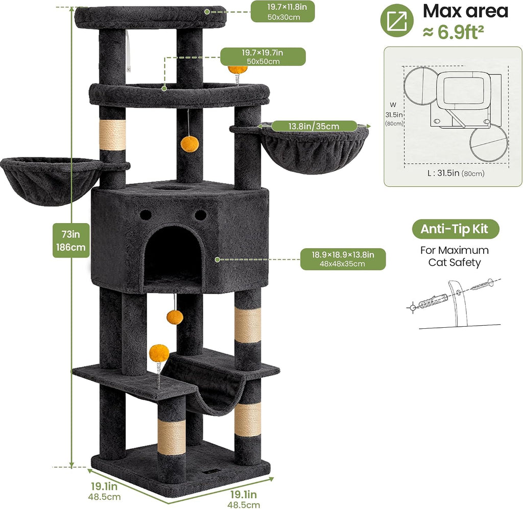 Cat Tree Tower for Indoor Large Adult Cats, 73in Tall Heavy Duty with Perch