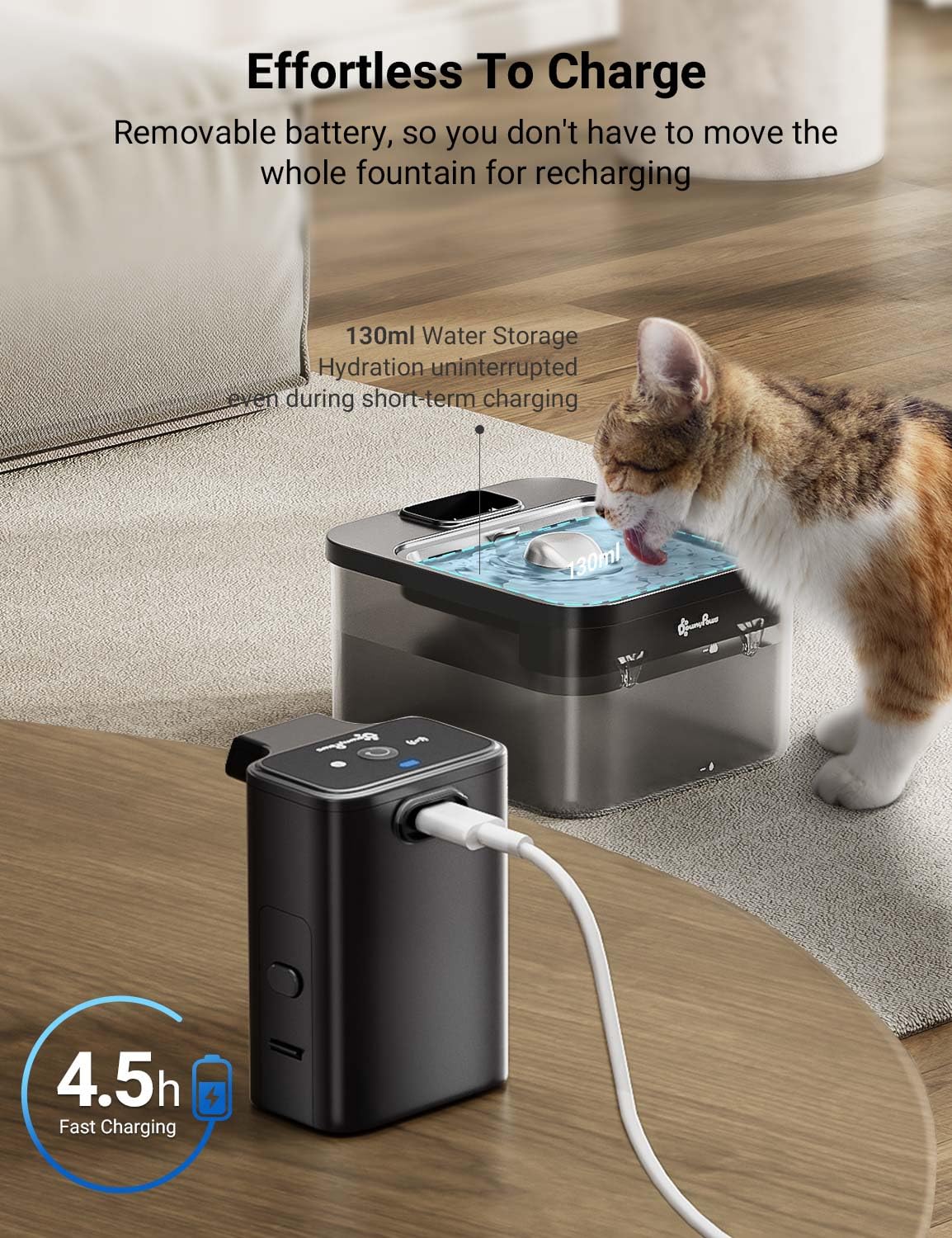 DownyPaws Cat Water Fountain Cordless, Pet Fountain, 84oz/2.5L, Black Pro