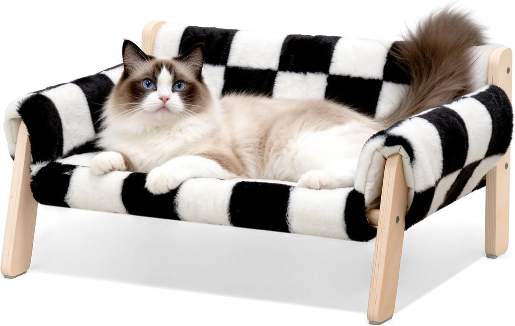 Elevated Cat Couch Bed for Indoor Cats - Wooden Cat Sofa with Removable Washable Cover, Cat Bed Furniture Raised Lounge 