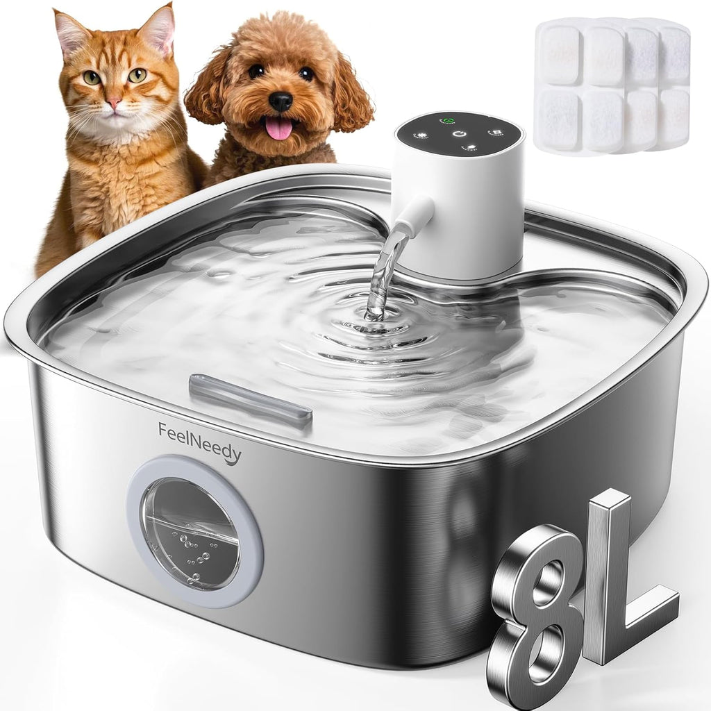 Cordless Wider Tray Dog Water Fountain, 5000mAh Battery Operated Dog Water Bowl Dispenser with 3 Motion Sensor, FEELNEED