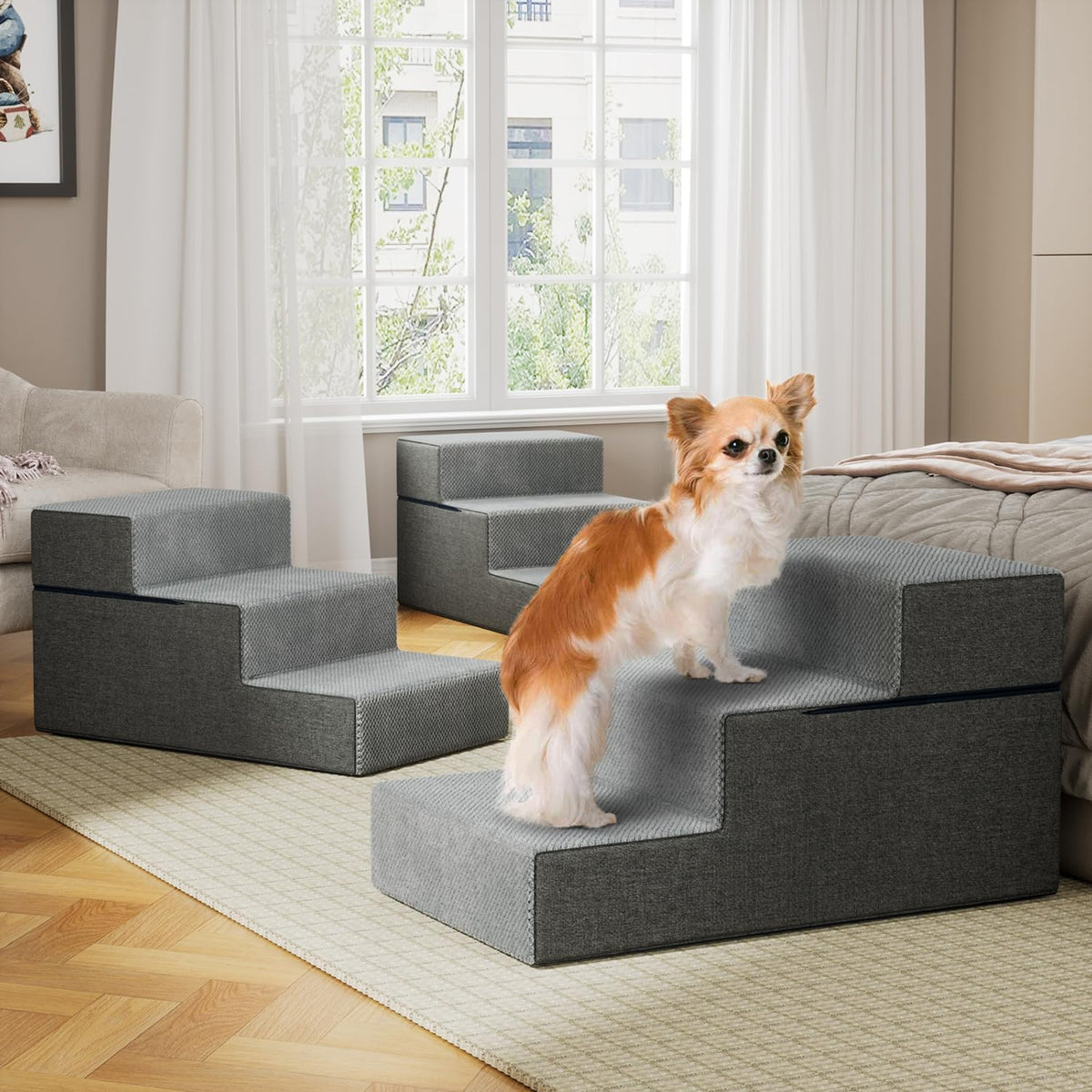 YENING Large Dog Stairs for High Beds - Extra Wide Pet Steps for Large Dogs to Get on Tall Bed 3 Deep Step Cat Ramp for 