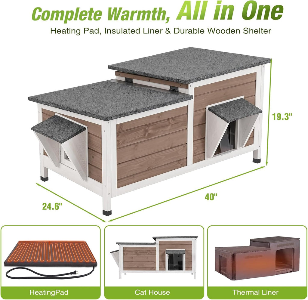 Large Heated Outdoor Cat House Insulated Weatherproof for 2-4 Cat