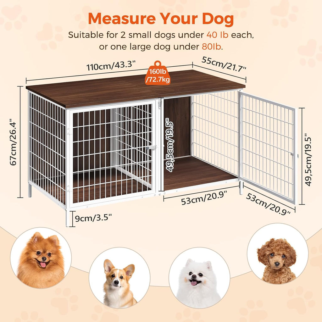 MAHANCRIS Dog Crate Furniture for 2 Dogs, 43.3" Dog Kennel with Removable Divider, Heavy Sturdy Dog Furniture Style Doub