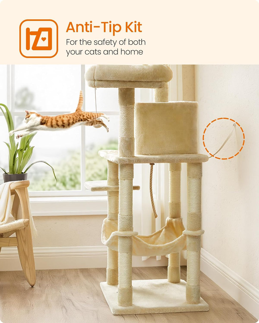 Feandrea Cat Tree, 55.8-Inch Large Cat Tower, Multi-Level Condo, Beige