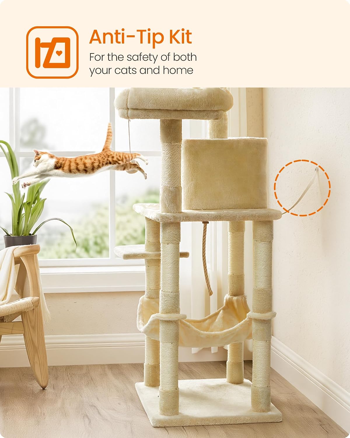 Feandrea Cat Tree, 55.8-Inch Large Cat Tower, Multi-Level Condo, Beige