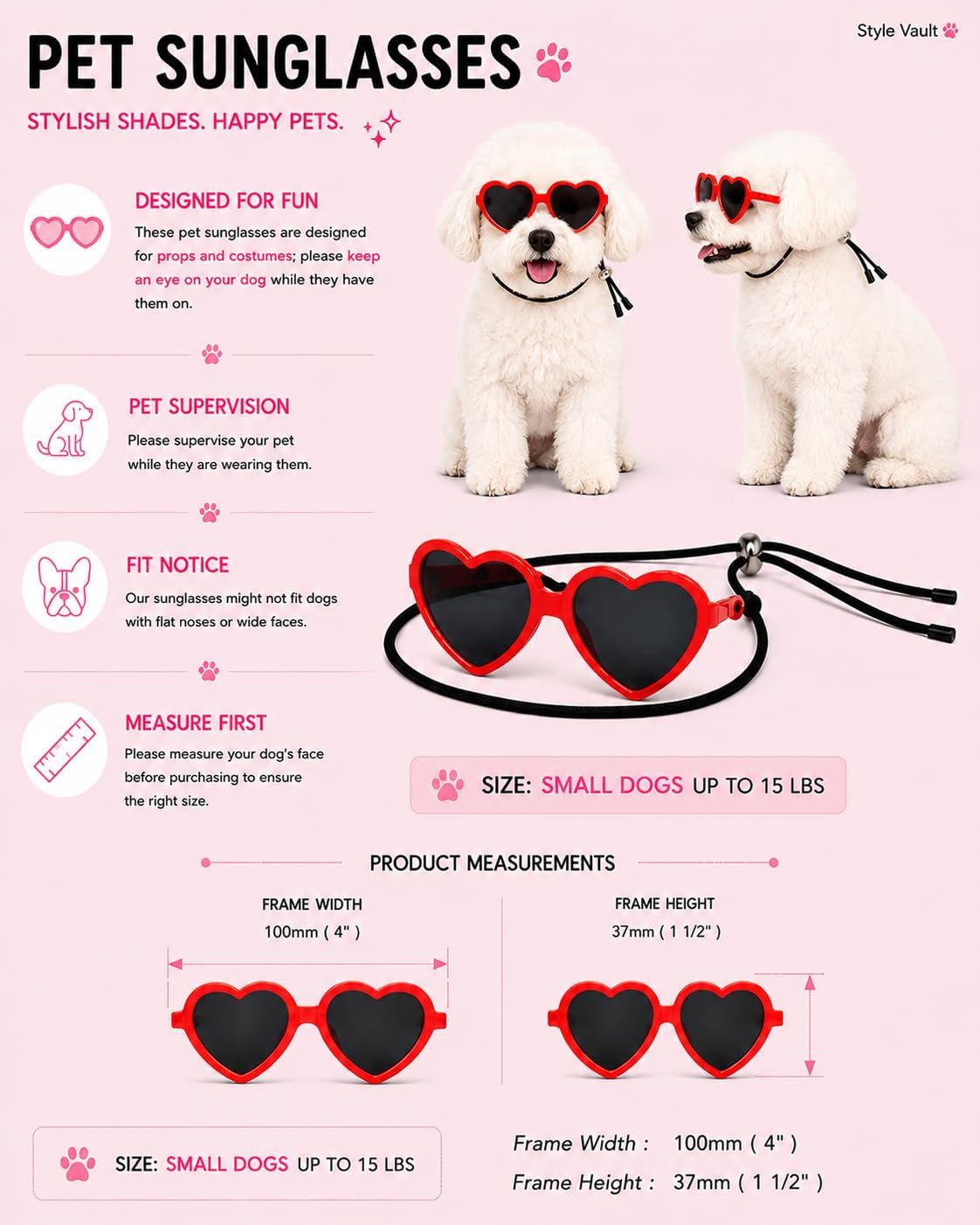 G016-1 Dog Pet Heart Costume Sunglasses for Small to Medium Breed (Up to 15 lbs, Heart Pink-Pink Mirror)