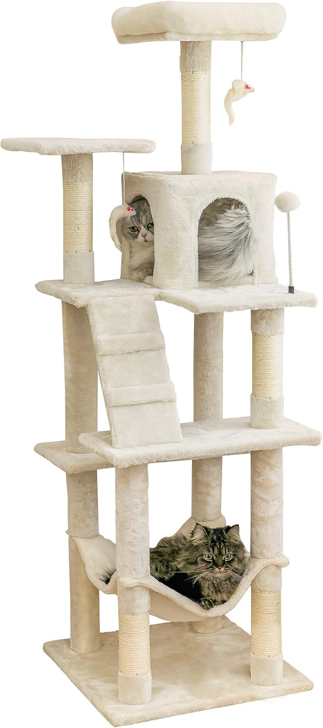 63.8 inches Multi-Level Cat Tree for Large Cats with Sisal-Covered Scratching Posts, Padded Platform, Hammock and Condo,