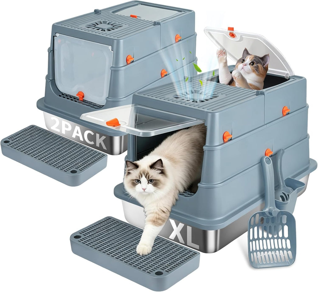 Stainless Steel Cat Litter Box - High Side Pan with Anti-Tracking Step,Rolled Edge & Leak-Proof Base,Cover,Scoop,Anti-Sl