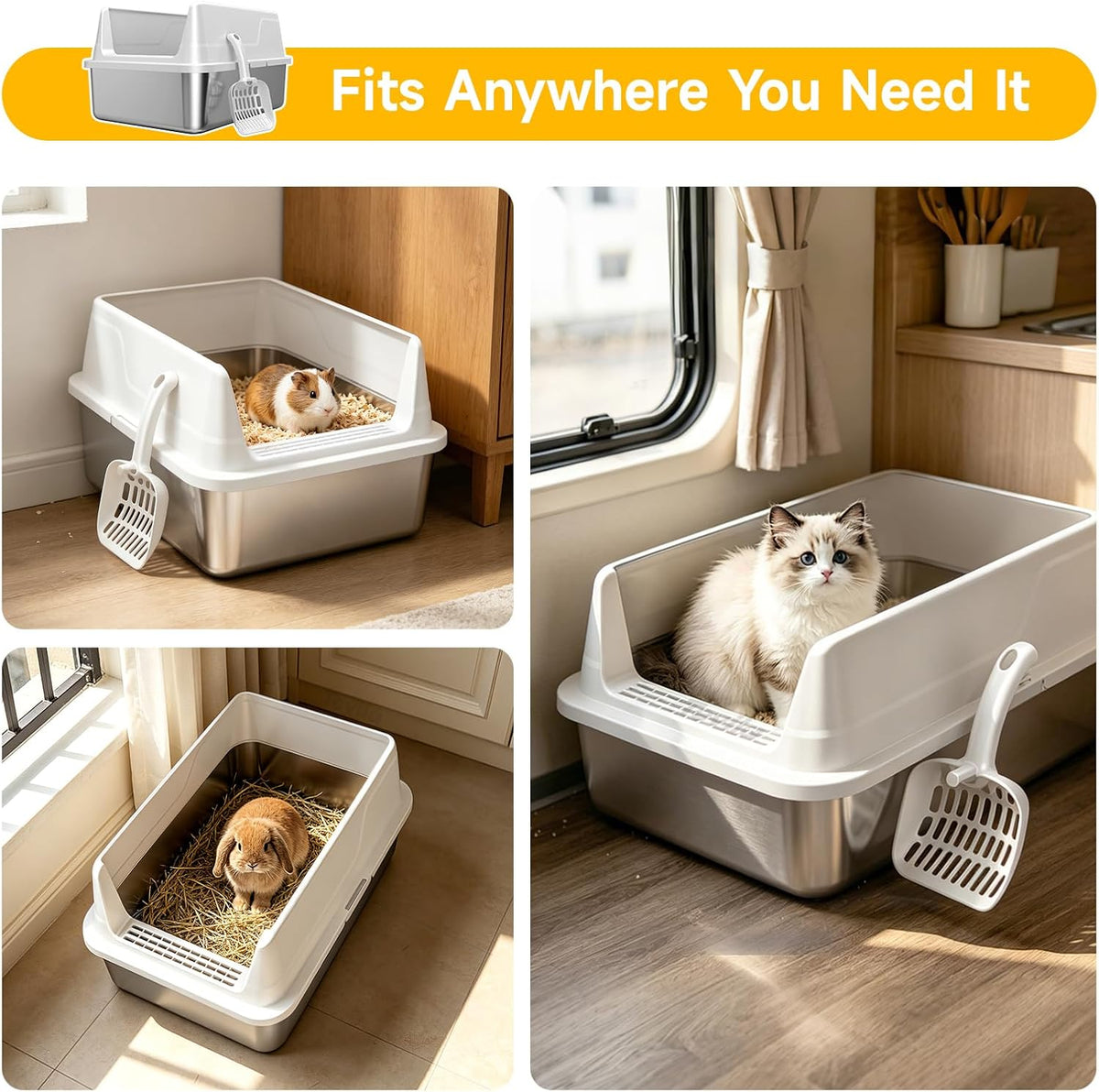 Stainless Steel Litter Box with Scoop,Small Metal Pan for Cats, Light Gray