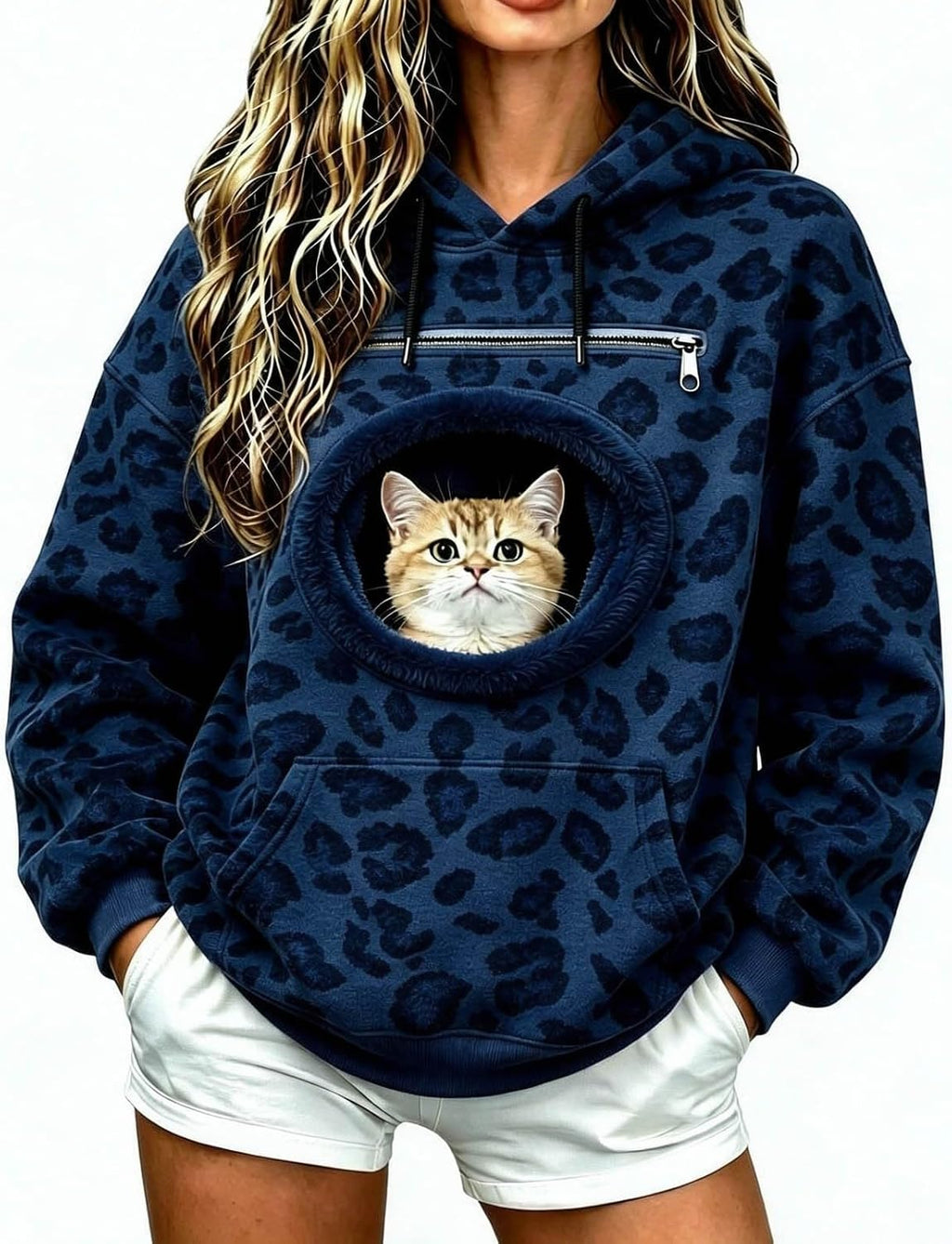 Womens Leopard Print Hoodie - Pet Pouch, Cat Dog Carrier, Kangaroo Pocket