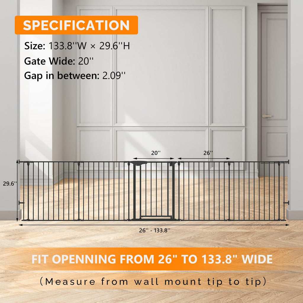 Bonnlo 134 Inches Wide Configurable Baby Gate, Fireplace Safety Fence/Guard, Adjustable 5-Panel Metal Play Yard for Toddler/Pet/Dog, Christmas Tree Fence, Includes 4 Pack of Wall Mounts, Black