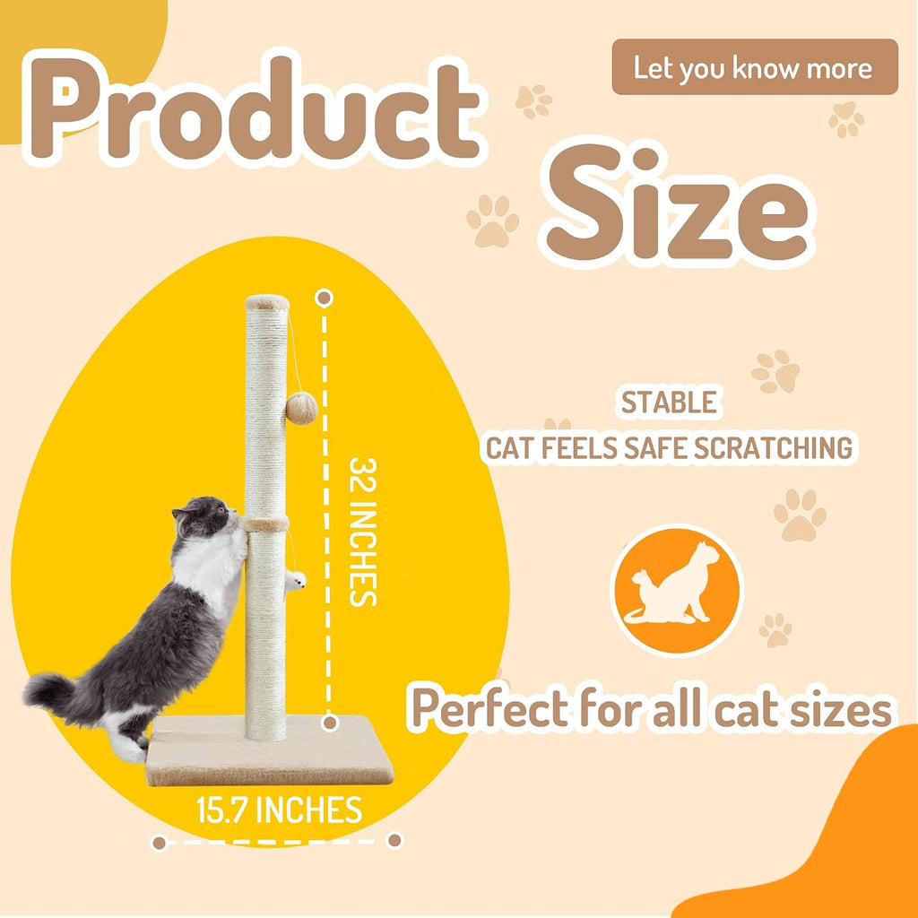 MeowHomm 32” Tall Cat Scratching Posts for Indoor Cats Adults with 2 Hanging Ball, Large Cat Scratch Post Cat Scratcher 