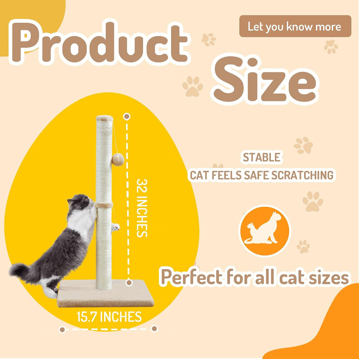 MeowHomm 32” Tall Cat Scratching Posts for Indoor Cats Adults with 2 Hanging Ball, Large Cat Scratch Post Cat Scratcher 