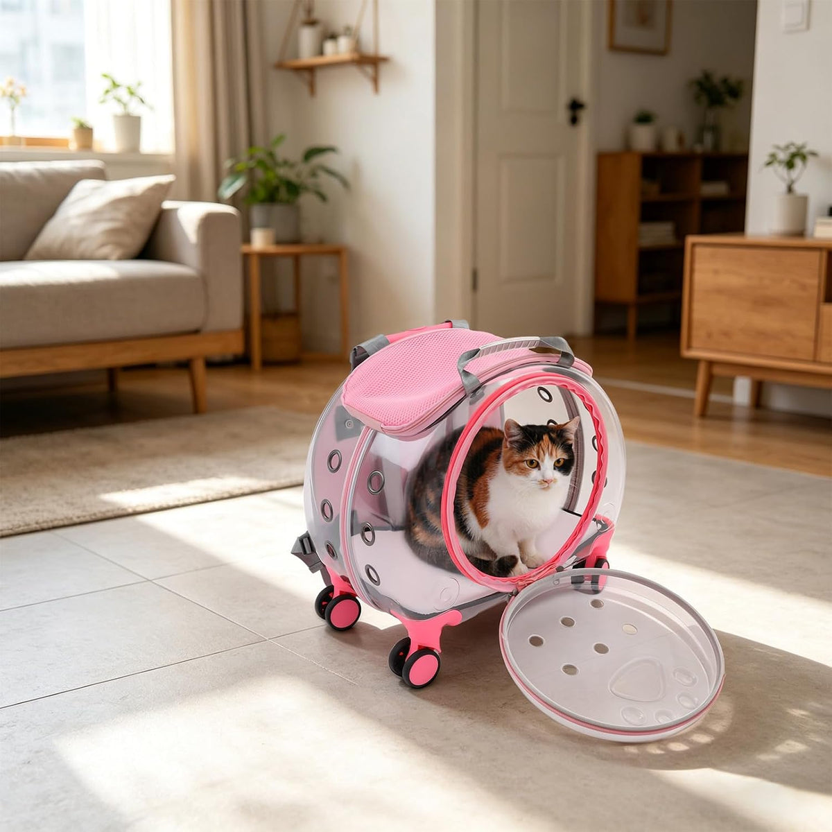 Pet Trolley Case with Shock-Absorbing Wheels, Pet Backpack Carrier(Pink)