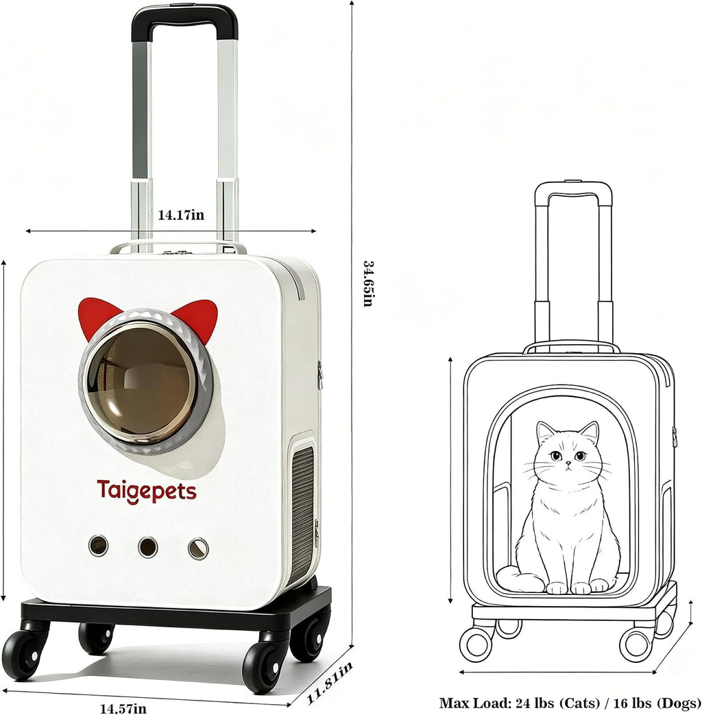 Rolling Cat Carrier Backpack with Wheels, Large Breathable Pet Travel Bag, Lightweight Space Capsule Pet Luggage Carrier