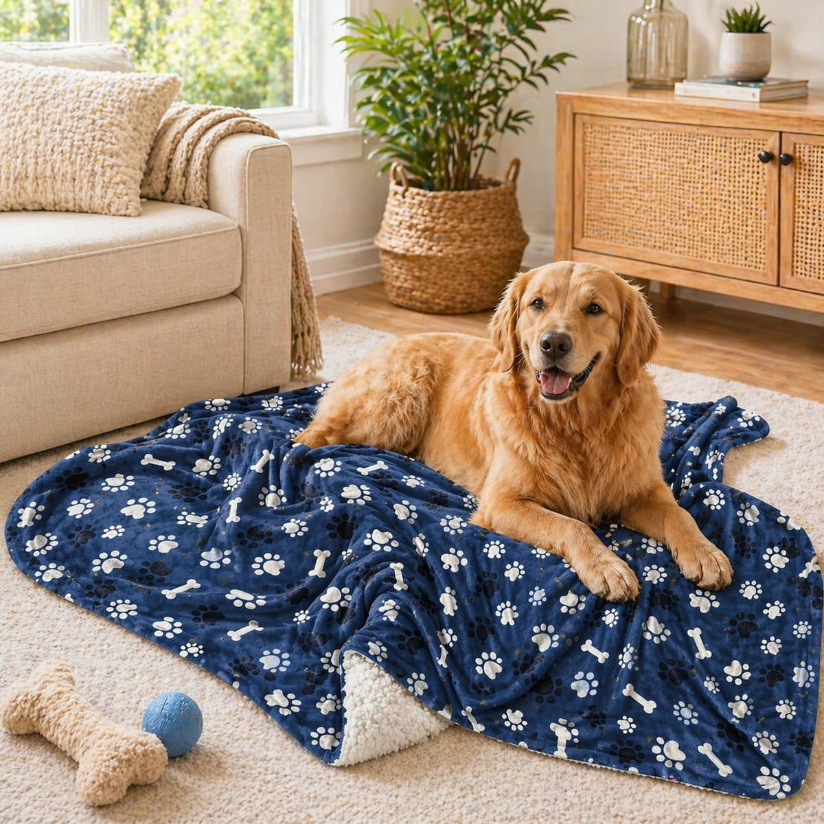 Waterproof Dog Blanket Reversible Pet Sherpa Fleece 40x30 Blue