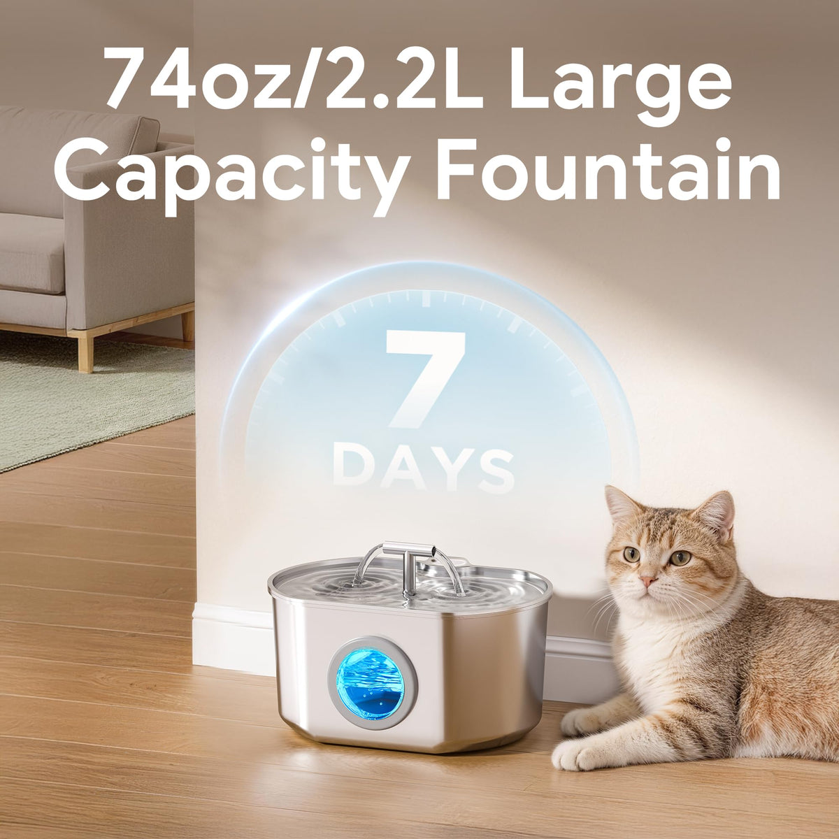 Cat Water Fountain Stainless Steel - 2.2L/74oz Cat Drinking Fountain