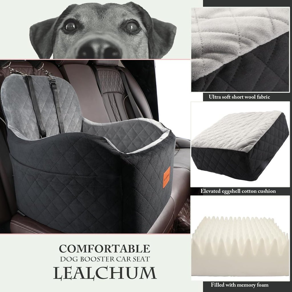 Lealchum Dog Booster Car Seat for Small/Medium Dogs,6in Memory Foam Elevated Cushion,Fully Detachable and Washable,2 Cli