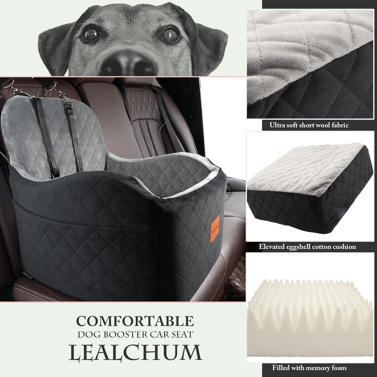 Lealchum Dog Booster Car Seat for Small/Medium Dogs,6in Memory Foam Elevated Cushion,Fully Detachable and Washable,2 Cli