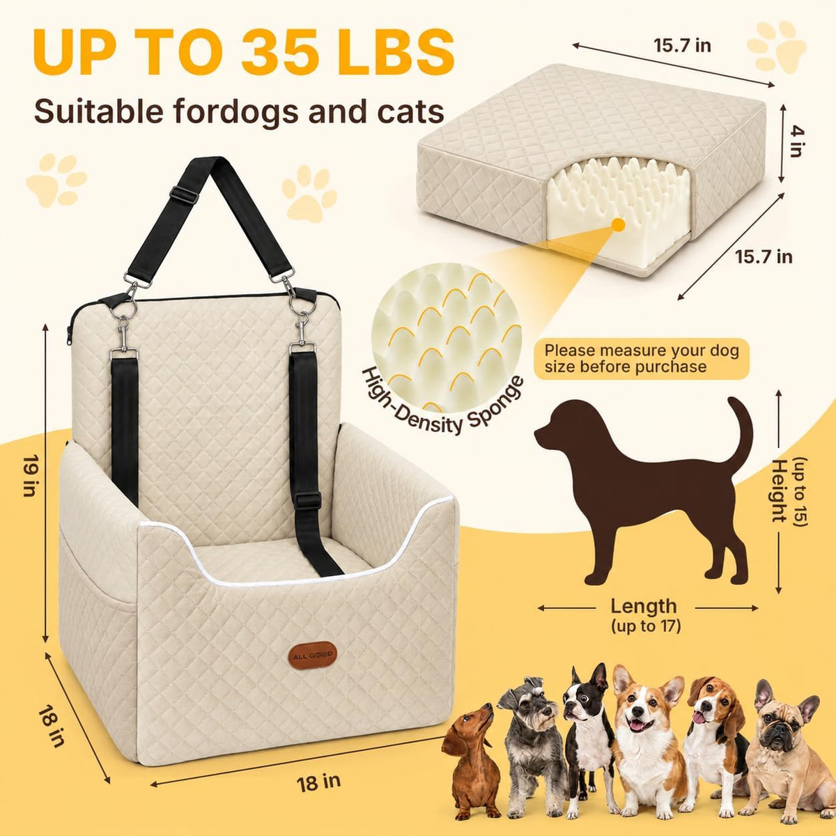 ALL GOOD PET SUPPLIES Dog Car Seat for Small/Medium Dogs Under 35lbs