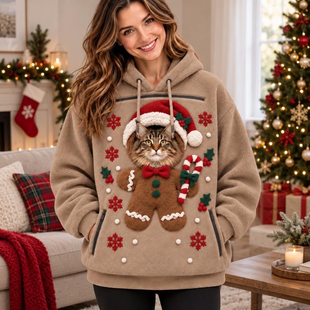 Womens Mens Pet Pouch Santa Hoodie Zip Cat Carrier Christmas Sweatshirt