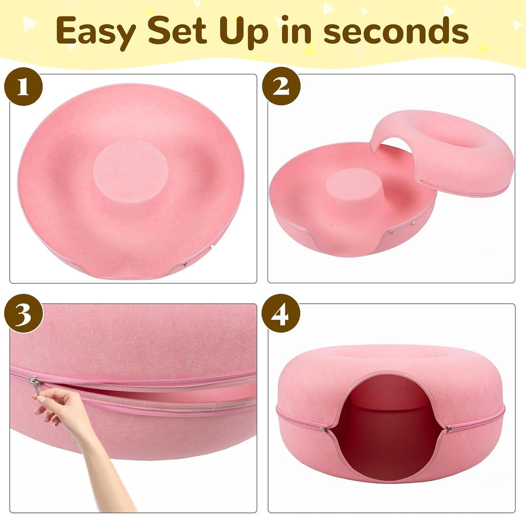 Large Peekaboo Cat Cave Donut Tunnel 24" for Indoor Cats, Pink
