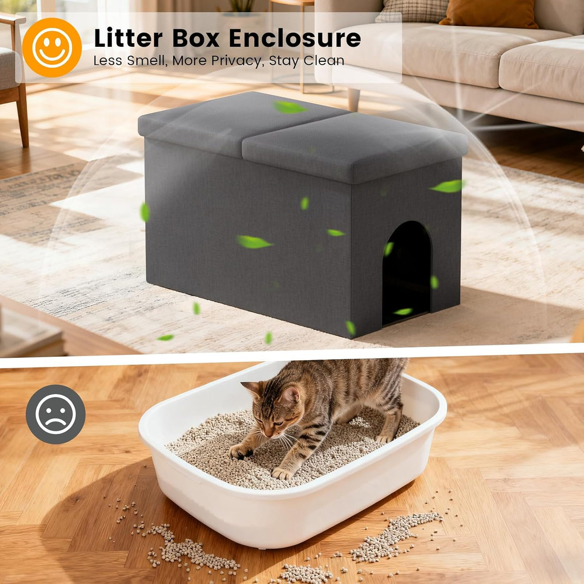 3-in-1 Cat Litter Box Enclosure Furniture, Dark Grey