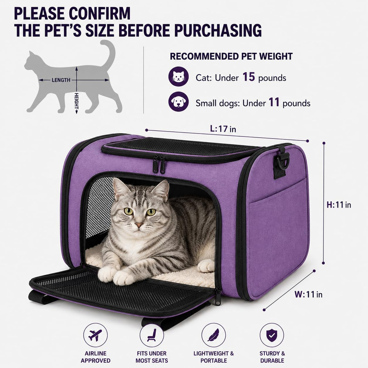 DALASITING Pet Carrier for Cats and Small Dogs Up to 15 lb,Purple, Medium