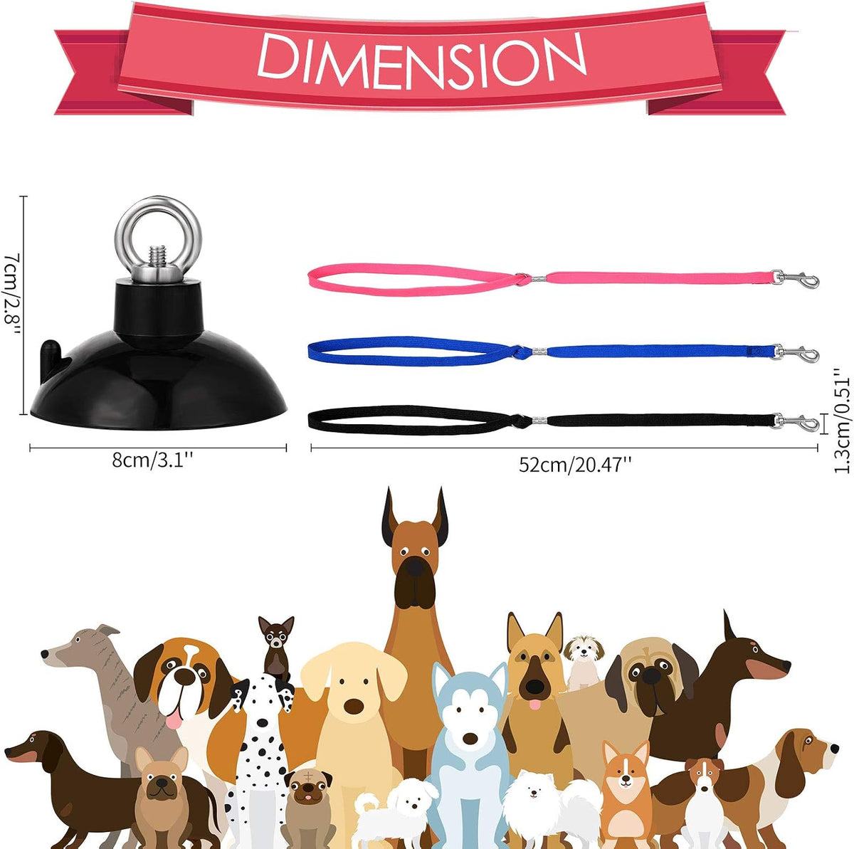 Frienda 4 Pcs Dog Bathing Tether with Suction Cup,Blue Black Pink